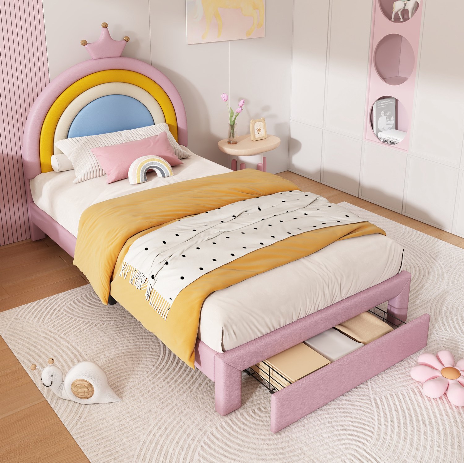 CHICFURN Kinderbed 90x200 cm - Bedlade - Verstelbaar hoofdbord - Roze kunstleer