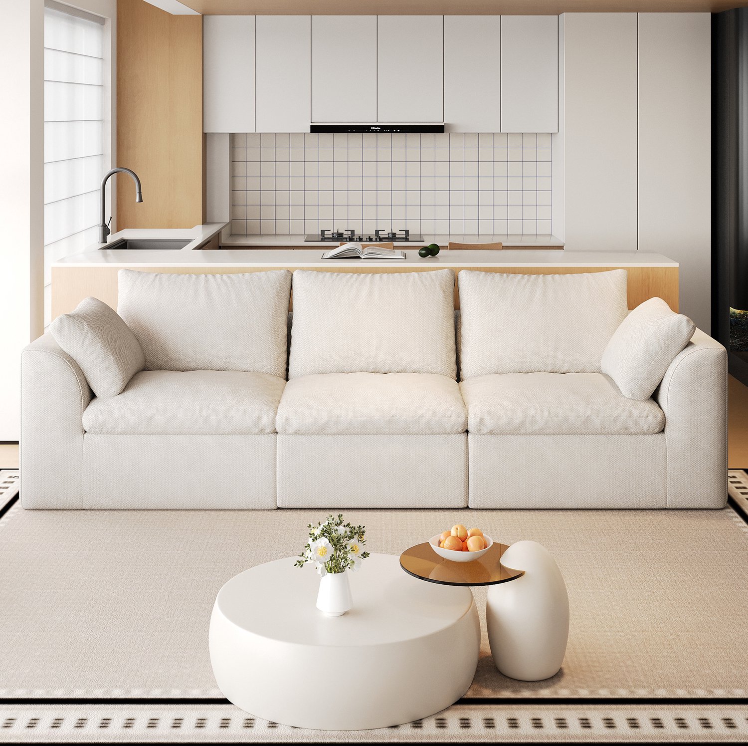 MODENUIT Zitbank 245 x 90 x 83 cm - Drie Zitplaatsen Met Schuimvulling - Woonkamer - Linnen - Beige Wit