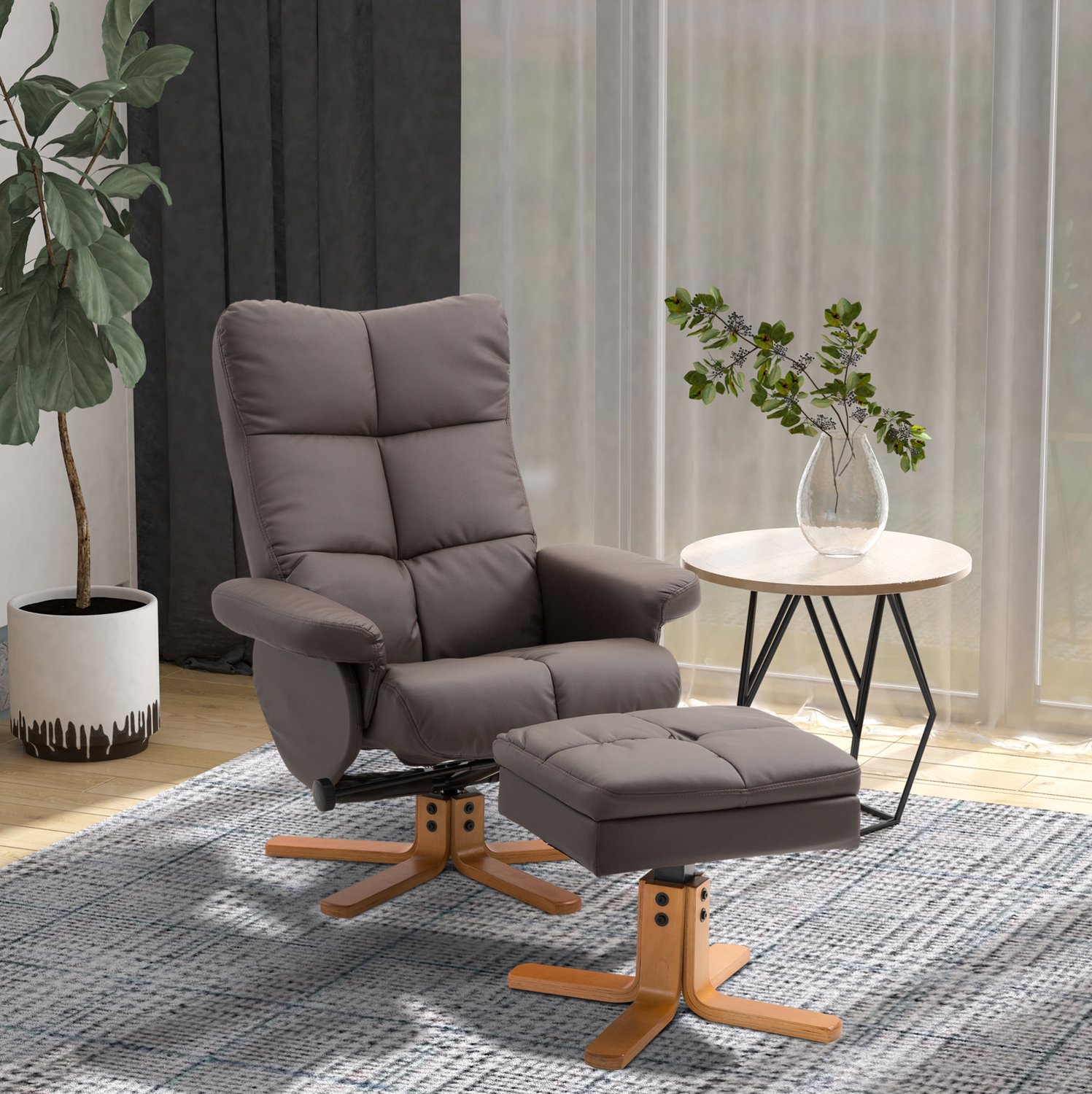 MODENUIT Relaxfauteuil 80 x 86 x 99 cm - Verstelbare Rugleuning En Draaibaar - Woonkamer - Hout - Bruin Grijs