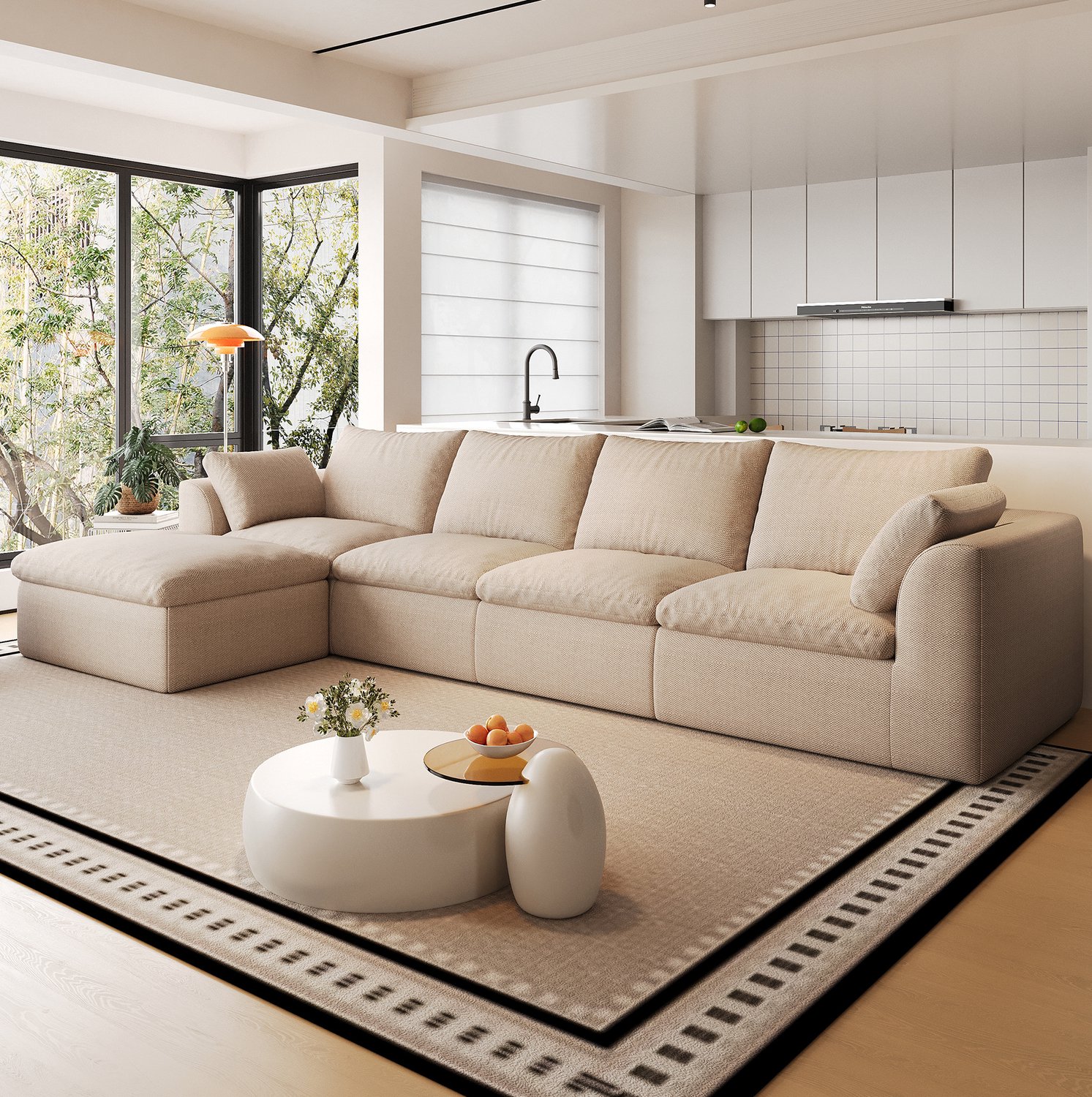 MODENUIT Hoekbank 310 x 155 x 83 cm - L-Vorm Met 5 Zitplaatsen - Schuimvulling - Woonkamer - Linnen - Khaki Beige