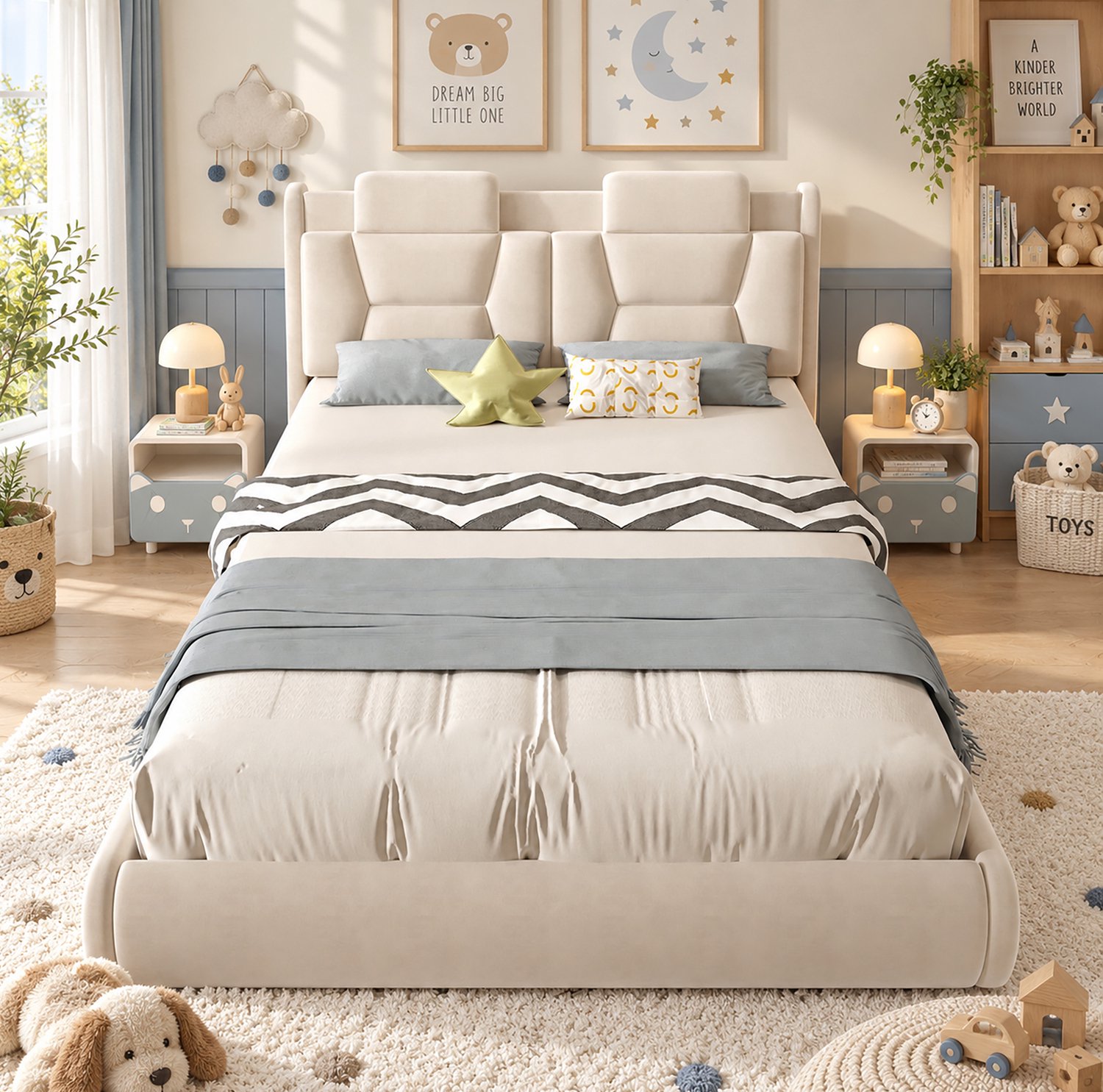 Wishdor Kinderbed 140x200 cm - Gestoffeerd autobed met verstelbaar hoofdeinde - Zachte flanellen bekleding - Verlichte sierwielen - Kinderkamer - Beige Crèmewit
