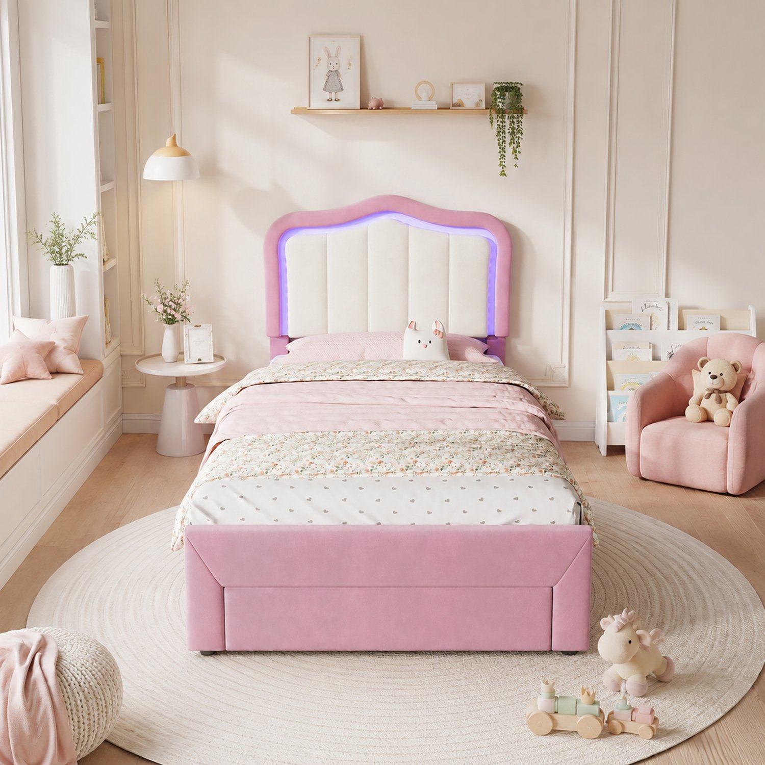 Wishdor Kinderbed 90x200 cm - Roze fluwelen bekleding en witte rugleuning - Bedlade aan voeteneind en via app bedienbare LED-verlichting - Voor kinder- en tienerkamer - MDF en multiplex