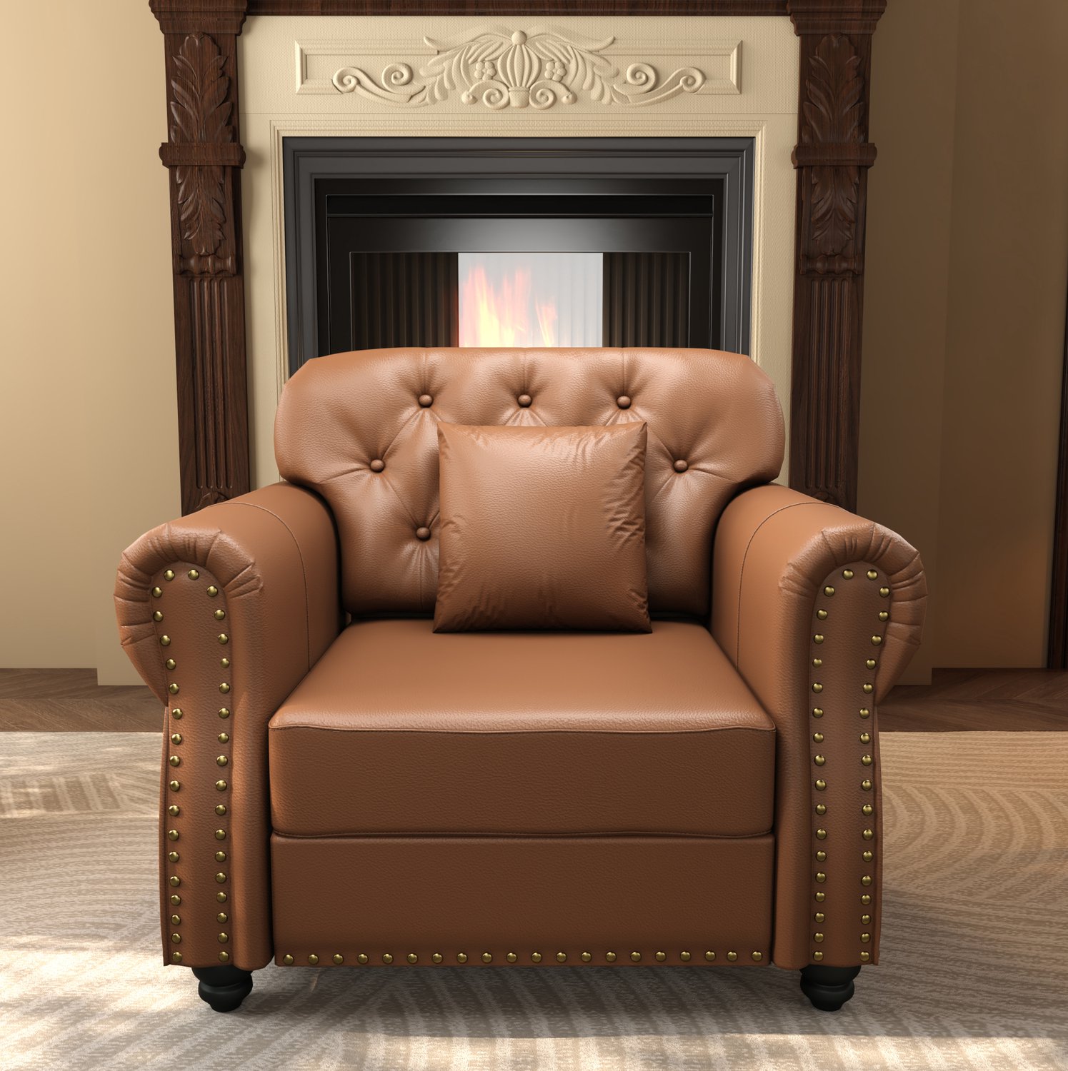 MODENUIT Chesterfield Fauteuil 105 x 76 x 86 cm - Knopen En Rolarmleuningen - Woonkamer - Kunstleer - Bruin