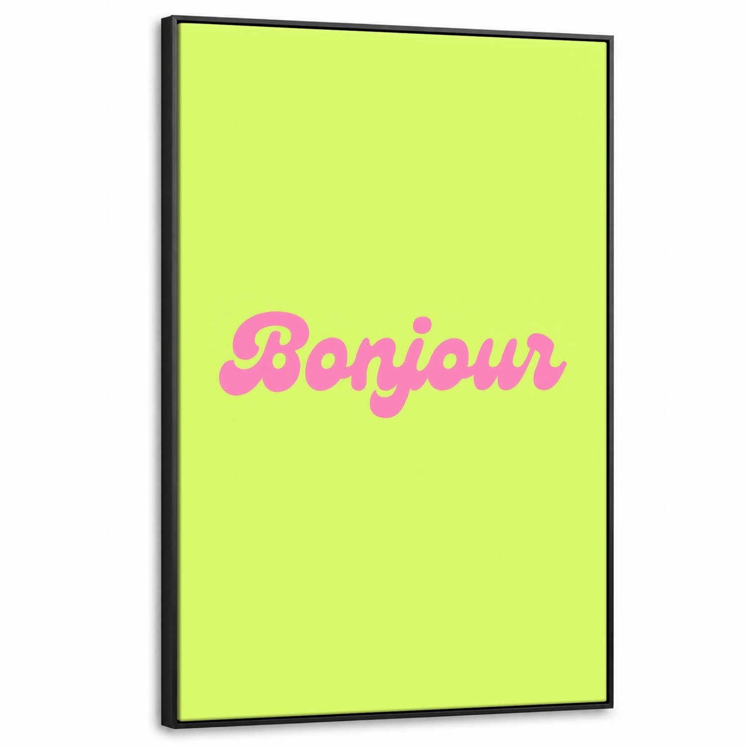 Canvas Schilderij met Baklijst XXL Canvas Schilderij met Baklijst 80x120cm - Groen - Roze - Bonjour - Retro - Muurdecoratie woonkamer - Slaapkamer decoratie - Kamer accessoires - Schilderijen op canvas met lijst groot