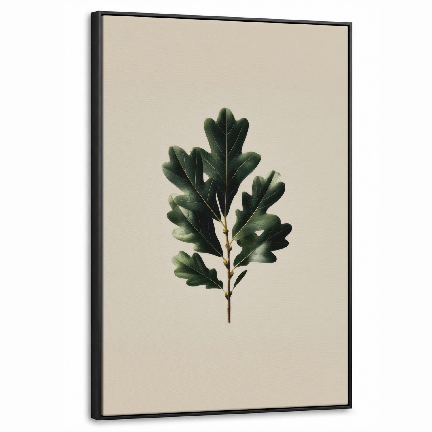 Canvas Schilderij met Baklijst 60x90cm - Eikenbladeren - Beige - Groen - Golvende randen - Muurdecoratie woonkamer - Slaapkamer decoratie - Kamer accessoires - Schilderijen op canvas met lijst