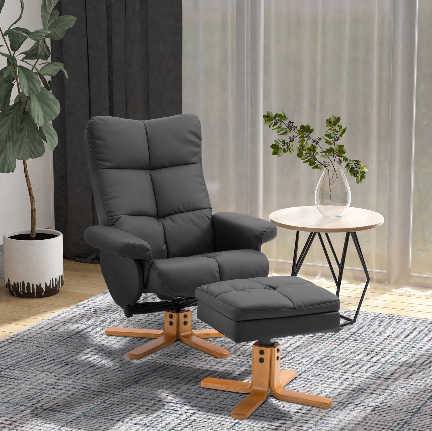 STILVORA Relaxfauteuil Met Hocker 80 x 86 x 99 cm - Verstelbare Rugleuning en Draaibaar - Voor Woonkamer - Kunstleer en Hout - Zwart