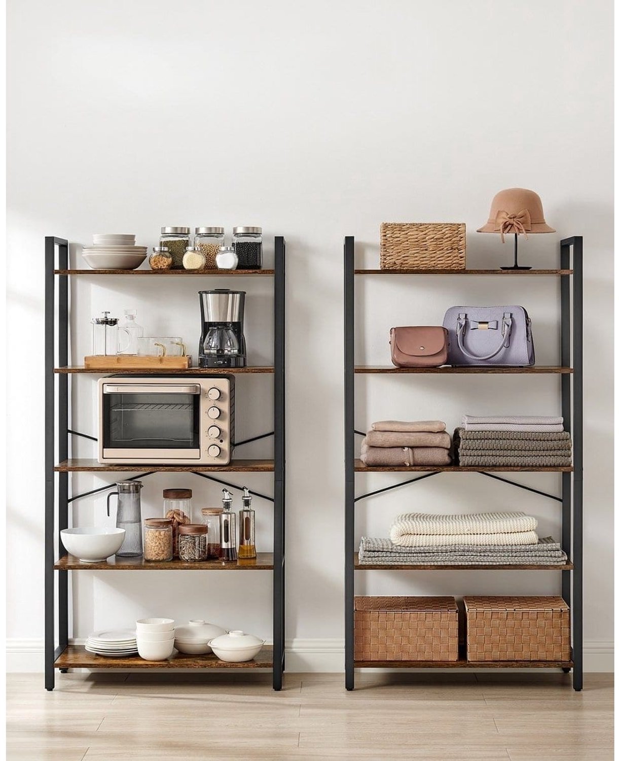 Klarven Boekenkast Bruin-Zwart - Meerlaags Boekenkast - Boekenkastje - Boekenkasten - Bookcase - Open Kast, Draagvermogen 50kg per Plank - 64x30x152,5 cm Vintage bruin/zwart