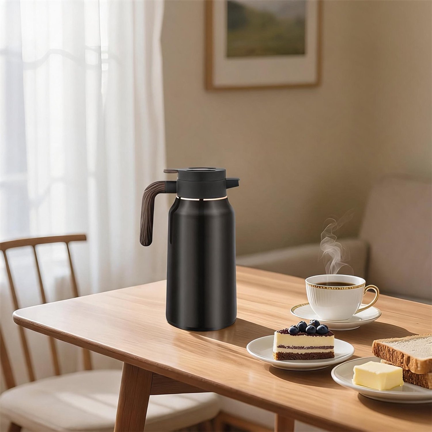 Thermoskan 2L - Dubbelwandige Isoleerkan - Vacuümfles - 304 RVS - Drukdop - Lekvrije Siliconen Afdichtingsring - Warm & Koud - BPA-vrij - Koffiekan & Theepot - Voor Thuis & Kantoor & Reis - Zwart – foto 5