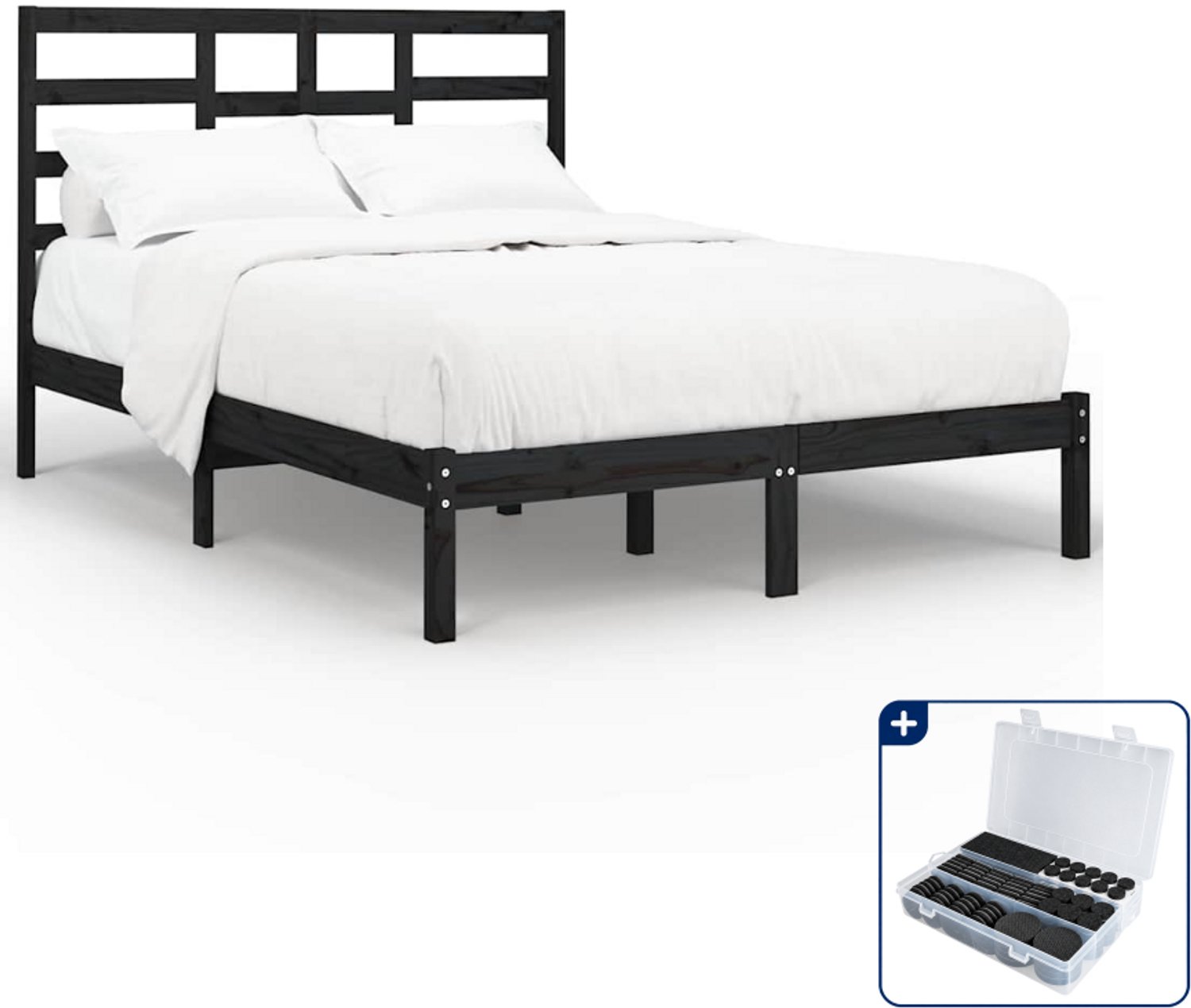 vidaXL bedframe - 140 x 190 cm - massief grenenhout - zwart - Inclusief antikrasvilt 177-delig Crème