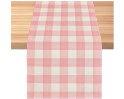 Tafelloper Geruit Roze Wit - 33 x 230 cm - Linnen