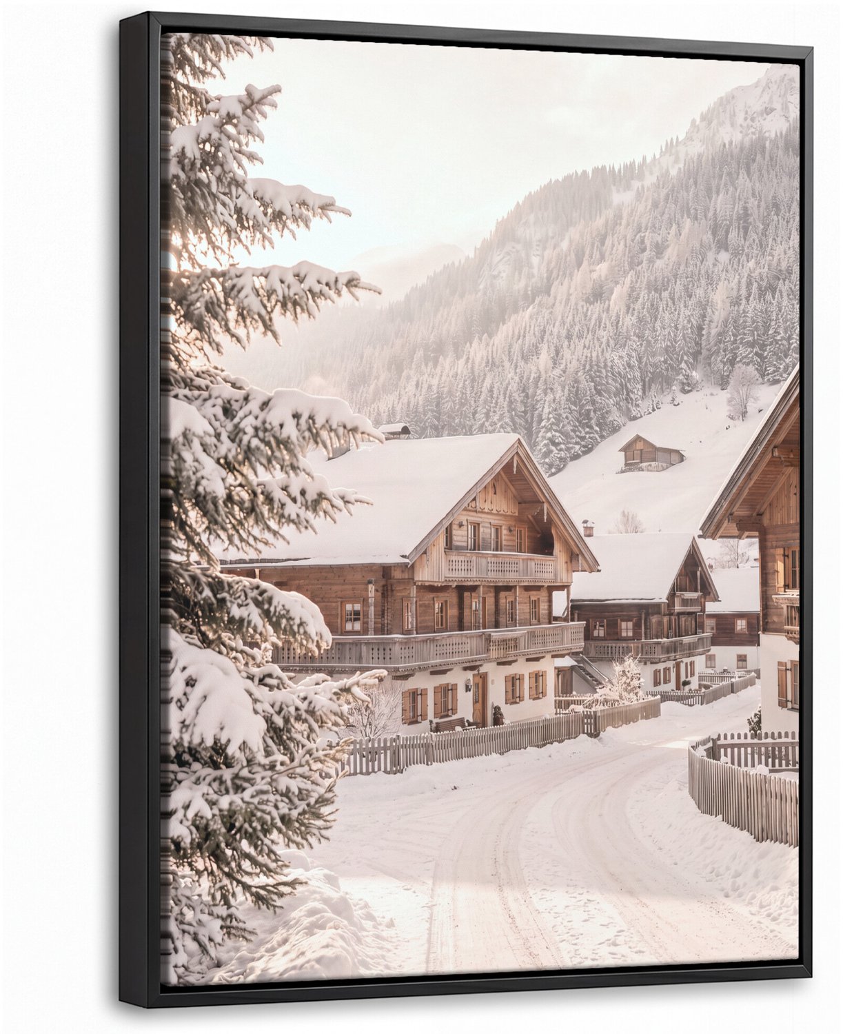 Canvas Schilderij met Baklijst 30x40cm - Huis - Sneeuw - Winter - Muurdecoratie woonkamer - Slaapkamer decoratie - Kamer accessoires - Schilderijen op canvas met lijst