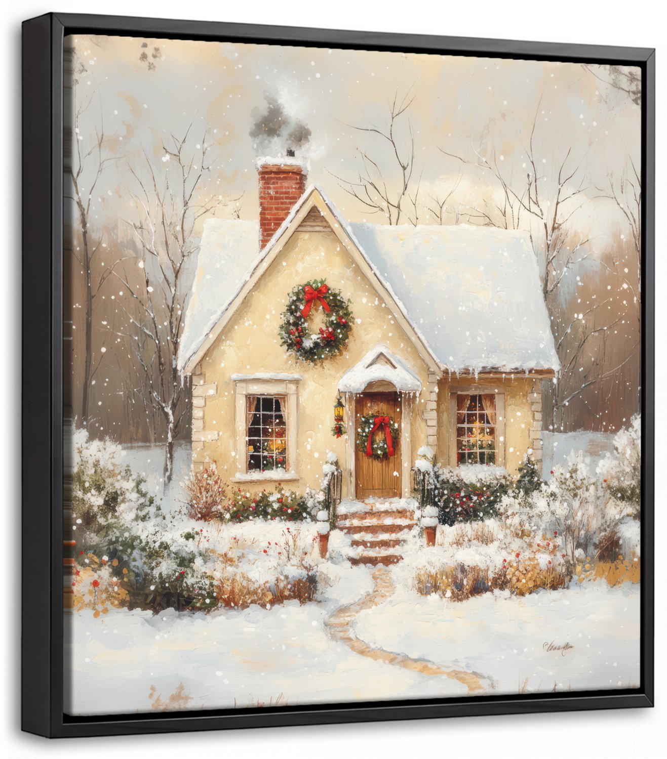 Canvas Schilderij met Baklijst 20x20cm - Kerst - Huis - Winter - Sneeuw - Muurdecoratie woonkamer - Slaapkamer decoratie - Kamer accessoires - Schilderijen op canvas met lijst