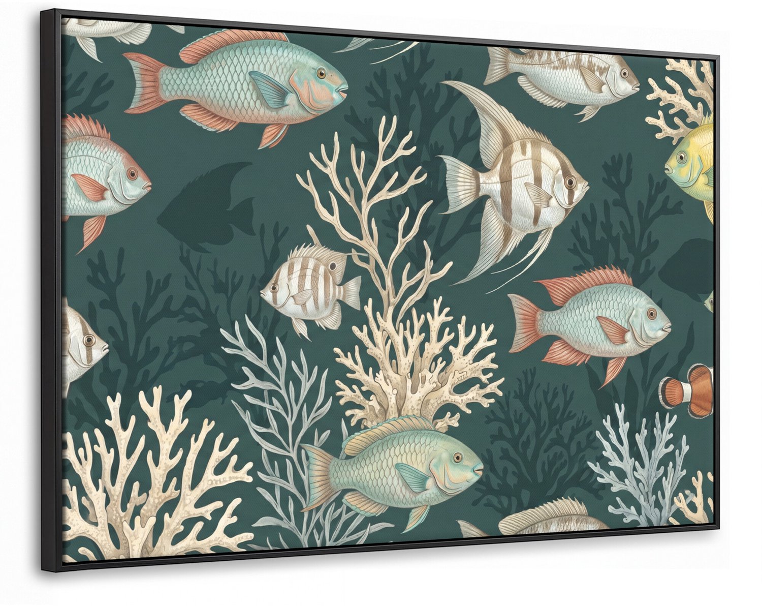 Canvas Schilderij met Baklijst 90x60cm - Vis - Koraal - Onderwater - Illustratie - Muurdecoratie woonkamer - Slaapkamer decoratie - Kamer accessoires - Schilderijen op canvas met lijst