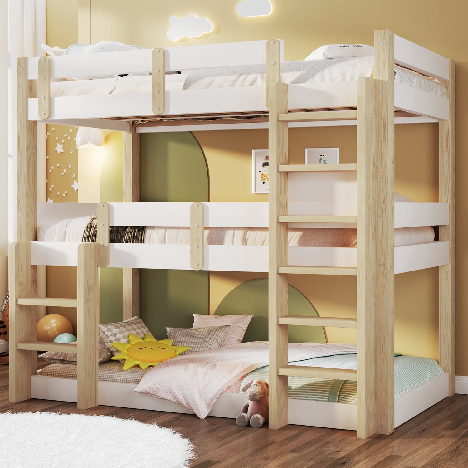 Zubaliya Stapelbed - 90 x 190 cm - Wit / Naturel - grenenhout
