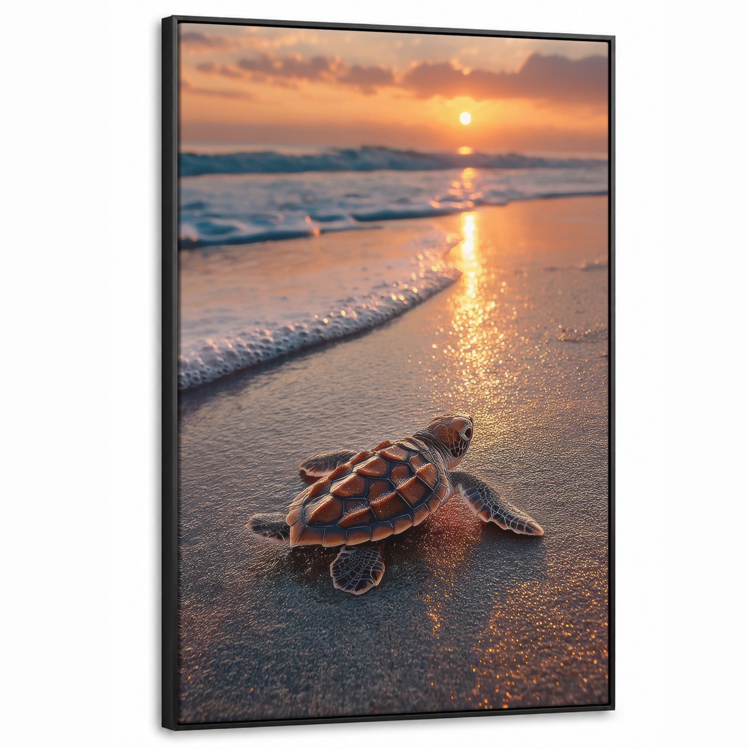 Canvas Schilderij met Baklijst XXL Canvas Schilderij met Baklijst 100x150cm - Schildpad - strand - Zonsondergang - Muurdecoratie woonkamer - Slaapkamer decoratie - Kamer accessoires - Schilderijen op canvas met lijst groot
