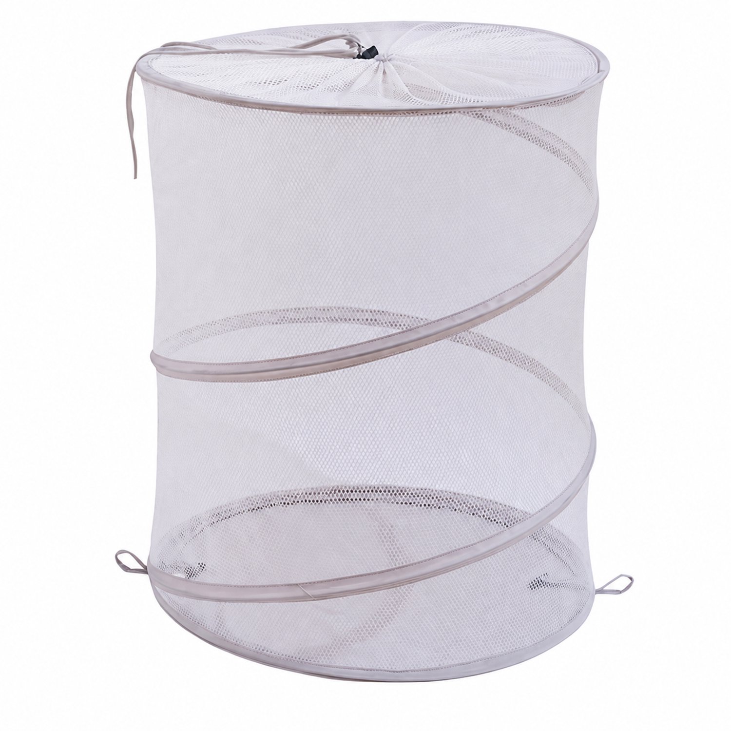 Grote opvouwbare wasmand lichtgrijs - diameter 45 cm, hoogte 50 cm - cilindervormig met gaas en trekkoordsluiting