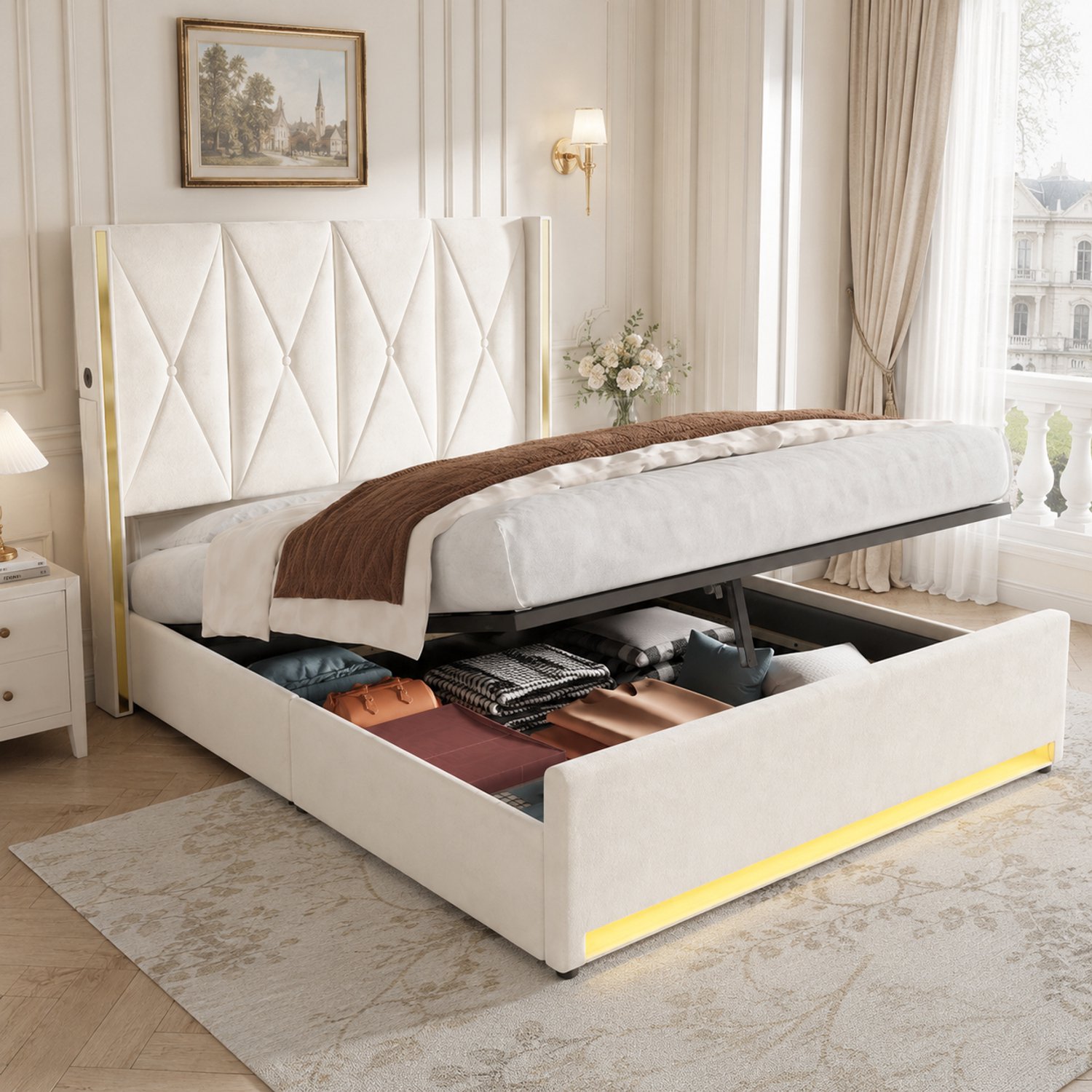 Clruro Opbergbed - 160x200 cm - met Gasveer - Hoog Hoofdbord, LED en USB - Velvet - Beige