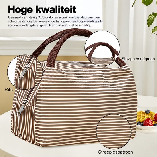 Lunch Tas Koeltas 2 Stuks, Geïsoleerde Lunchbox Tas met Oxford Stof, Opvouwbare Thermotas 23 × 17 × 13 cm voor School, Werk, Picknick en Reizen, Blauw Gestreept & Khaki Gestreept — afbeelding 3