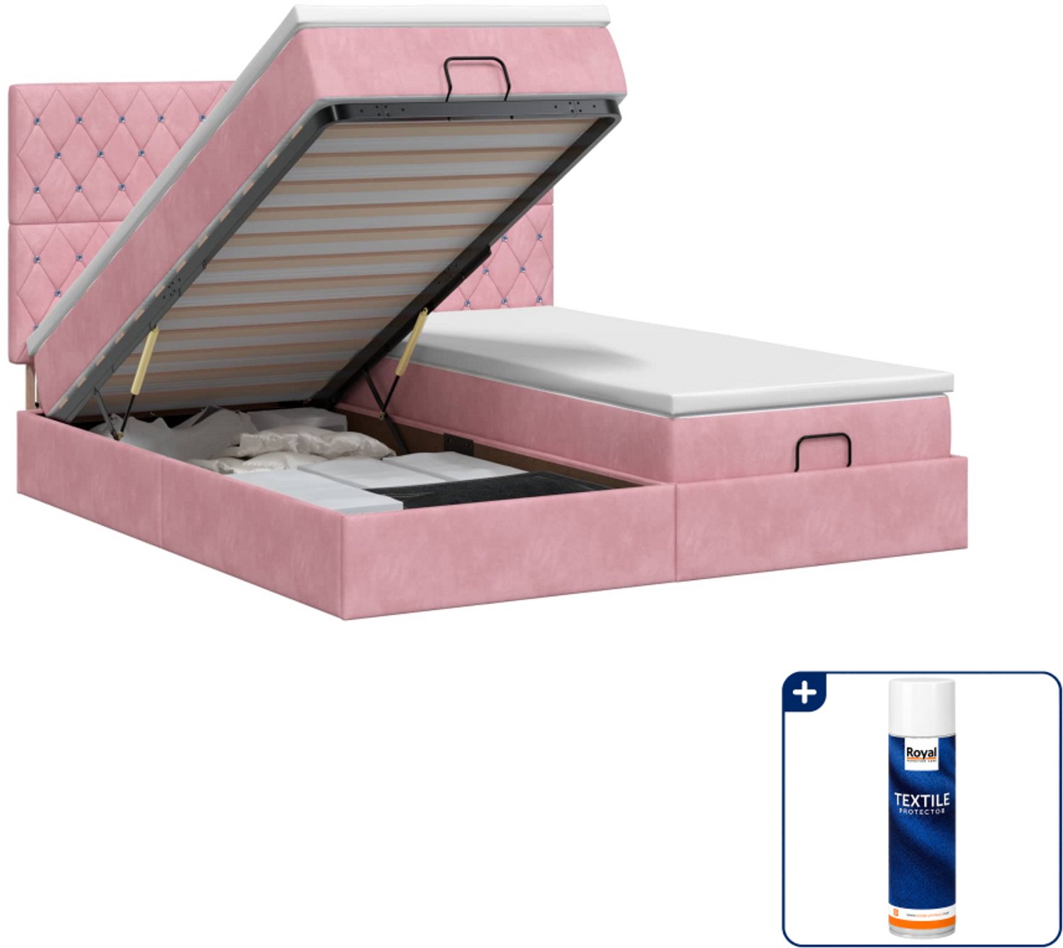 vidaXL Ottoman bedset - Queensize - 160 x 200 cm - roze fluweel - Inclusief textielbeschermer 500 ml