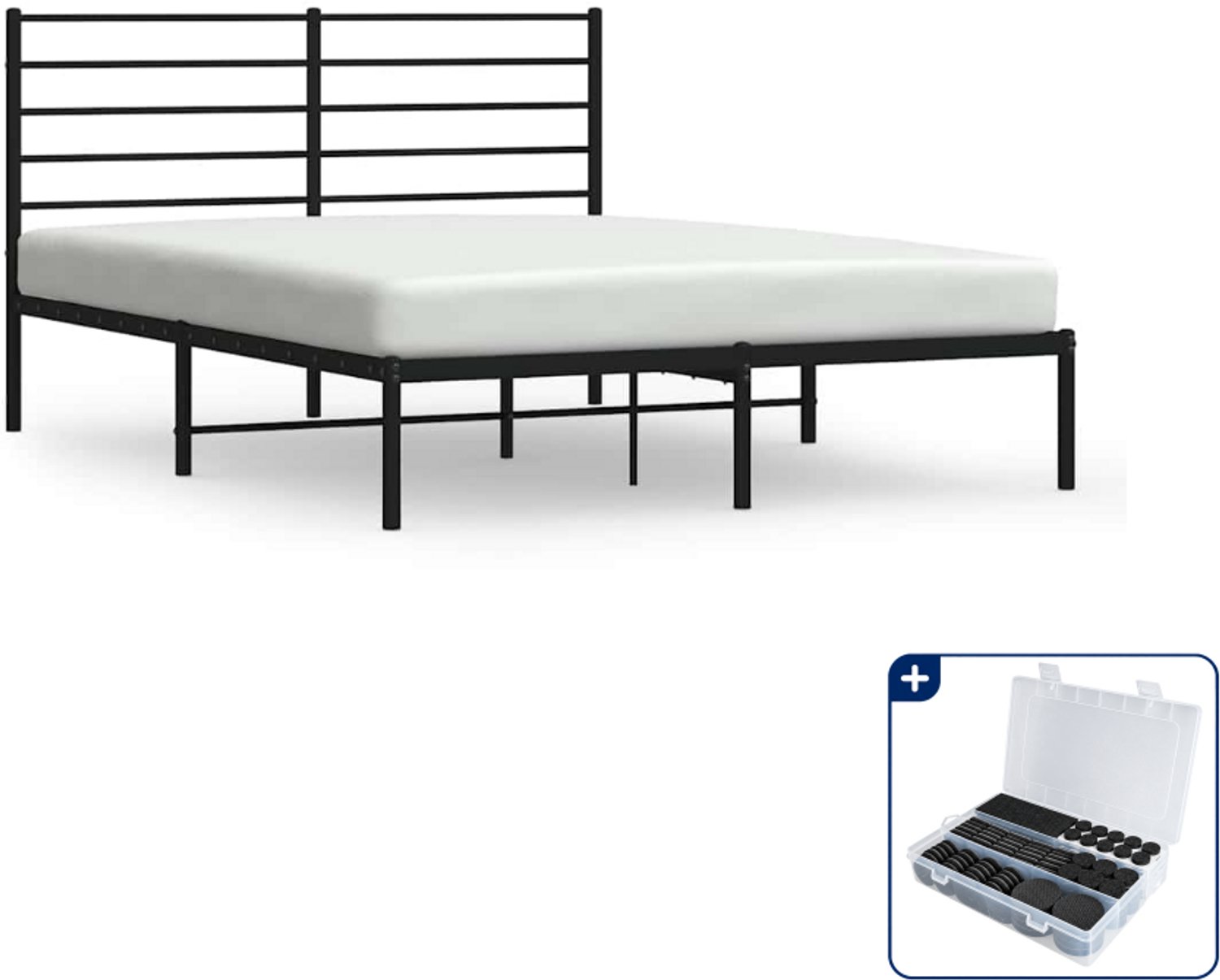 vidaXL bedframe met hoofdbord - 135 x 190 cm - staal - zwart - Inclusief antikrasvilt 177-delig