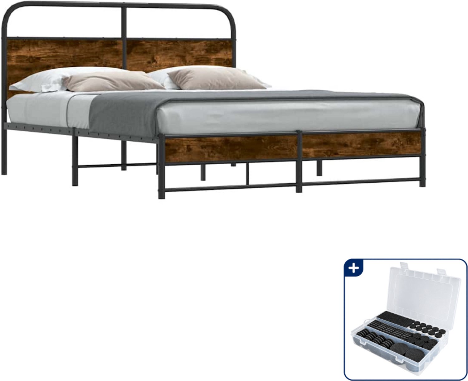 vidaXL Bedframe - 150 x 200 cm - bewerkt hout - gerookt eiken - Inclusief antikrasvilt 177-delig Bruin