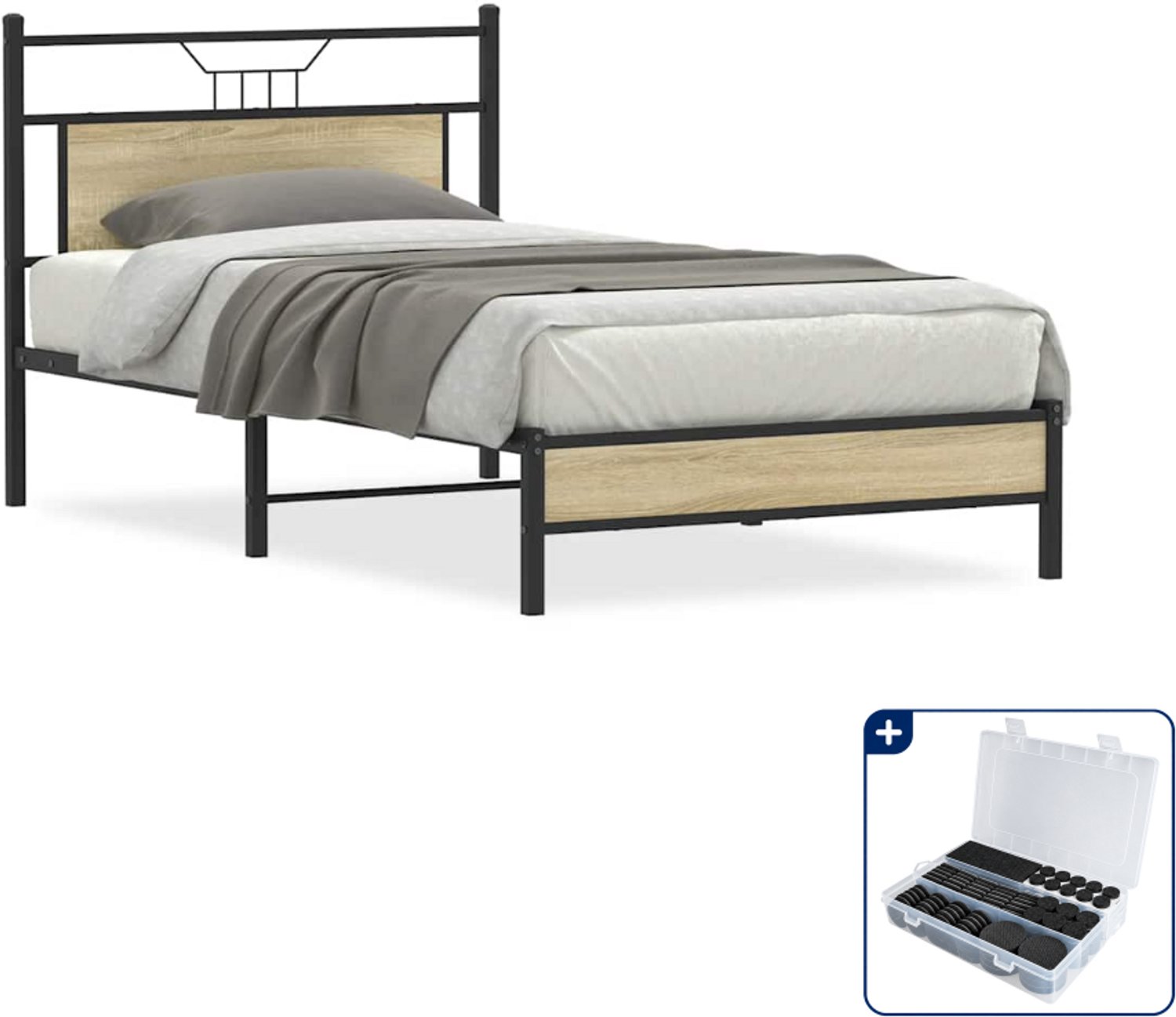 vidaXL bedframe - 100 x 200 cm - bewerkt hout en staal - sonoma eiken - Inclusief antikrasvilt 177-delig Bruin