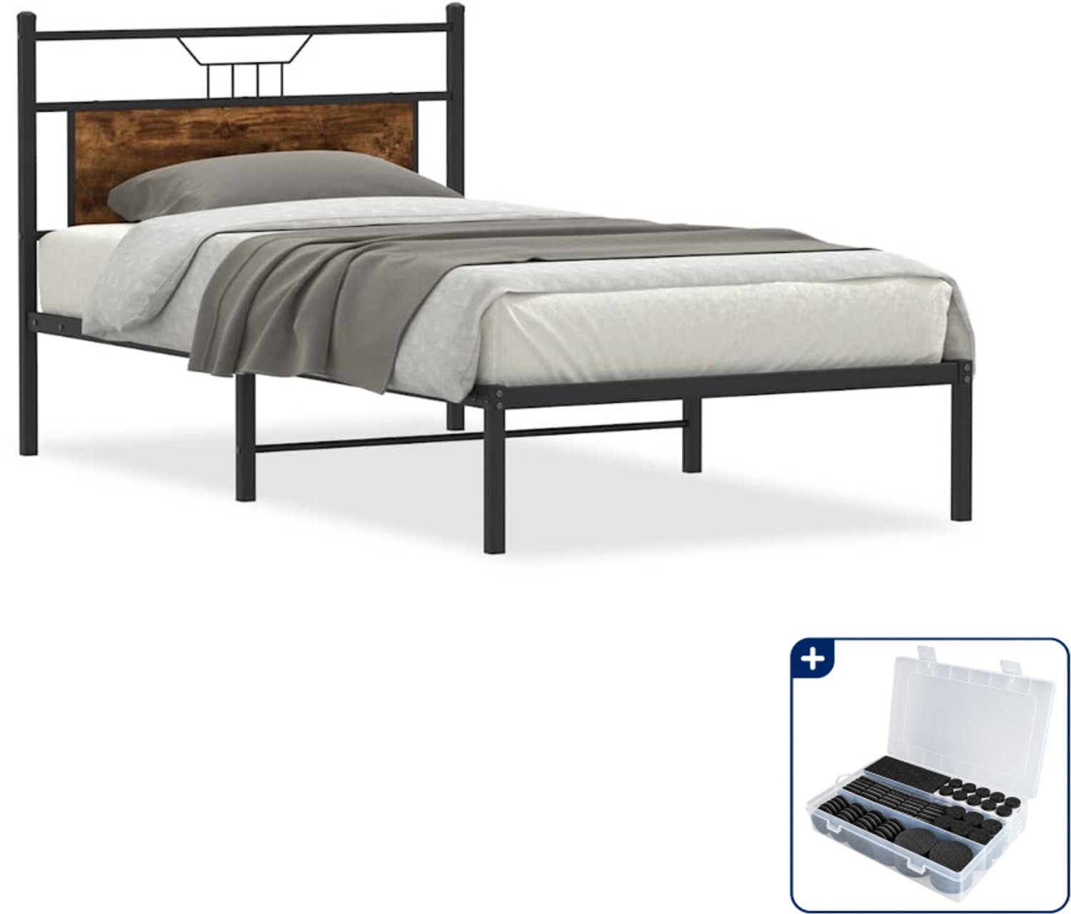 vidaXL Bedframe - 100 x 190 cm - gerookt eiken - Inclusief antikrasvilt 177-delig Bruin