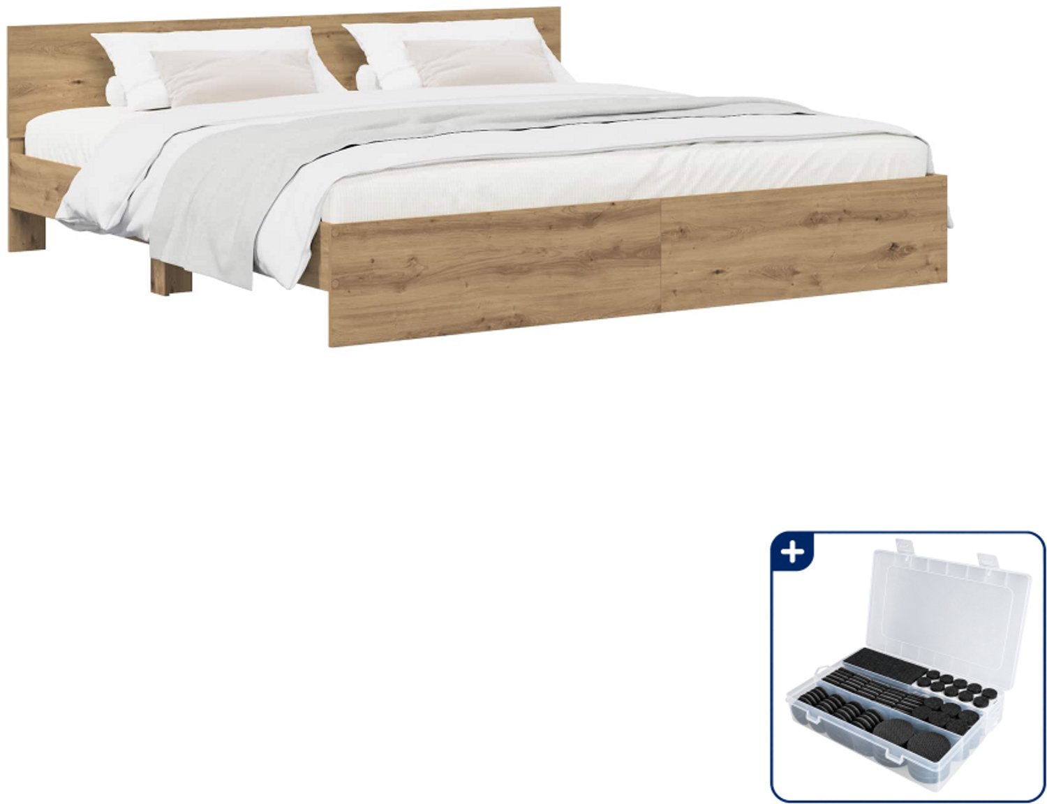 vidaXL bedframe met hoofdbord - 200 x 200 cm - bewerkt hout - eiken - Inclusief antikrasvilt 177-delig Bruin