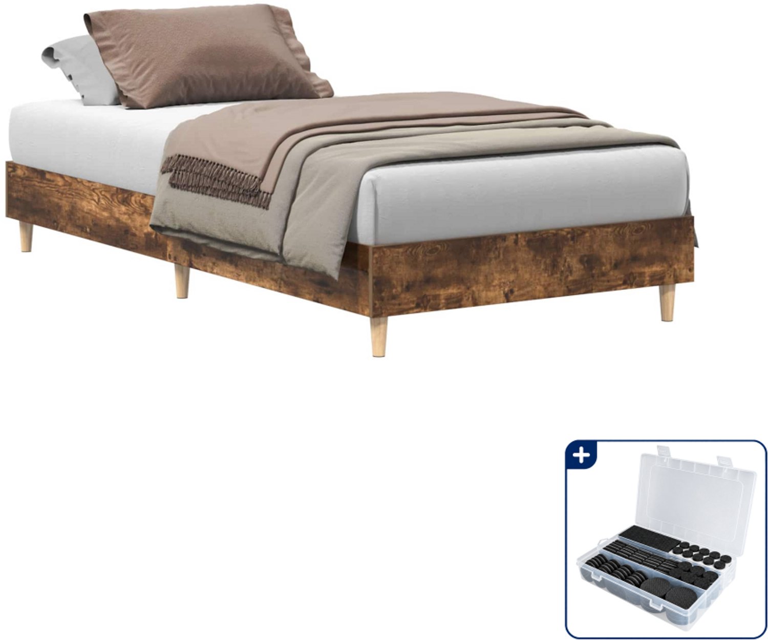 vidaXL bedframe - 80 x 200 cm - bewerkt hout - gerookt eiken - Inclusief antikrasvilt 177-delig Bruin