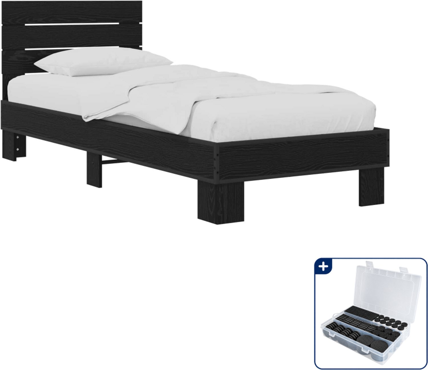 vidaXL bedframe met hoofdeinde - 80 x 200 cm - bewerkt hout - zwart - Inclusief antikrasvilt 177-delig
