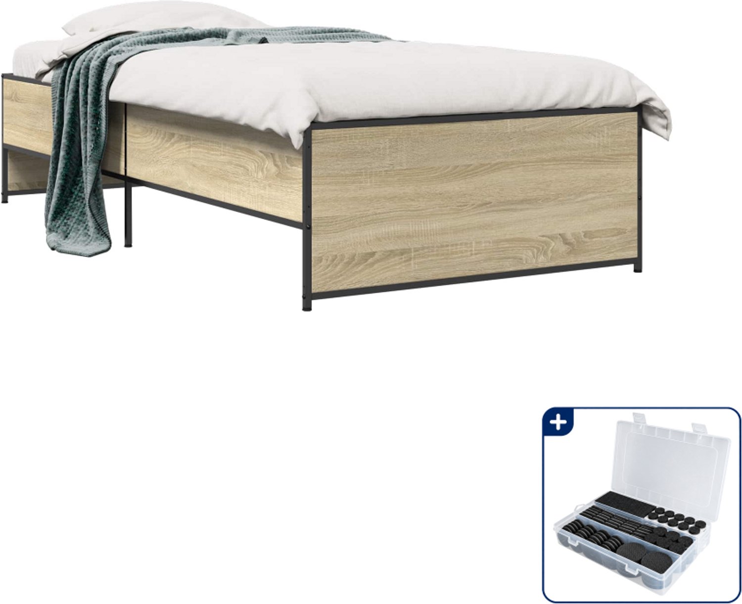 vidaXL Bedframe - 80 x 200 cm - bewerkt hout - sonoma eiken - Inclusief antikrasvilt 177-delig Bruin