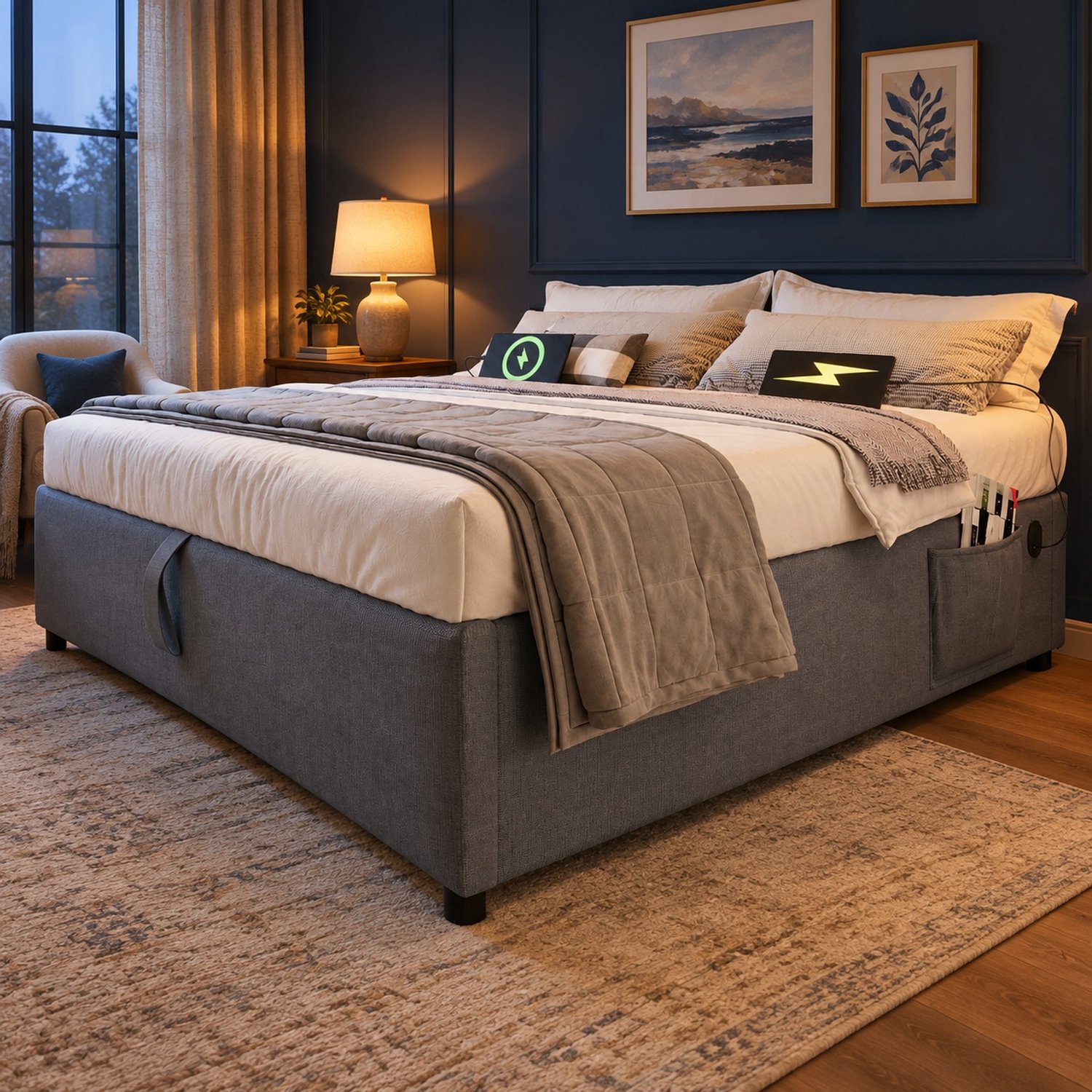 Maisentiel Gestoffeerd tweepersoonsbed 140 x 200 cm - Grijs - Opbergruimte en USB-C