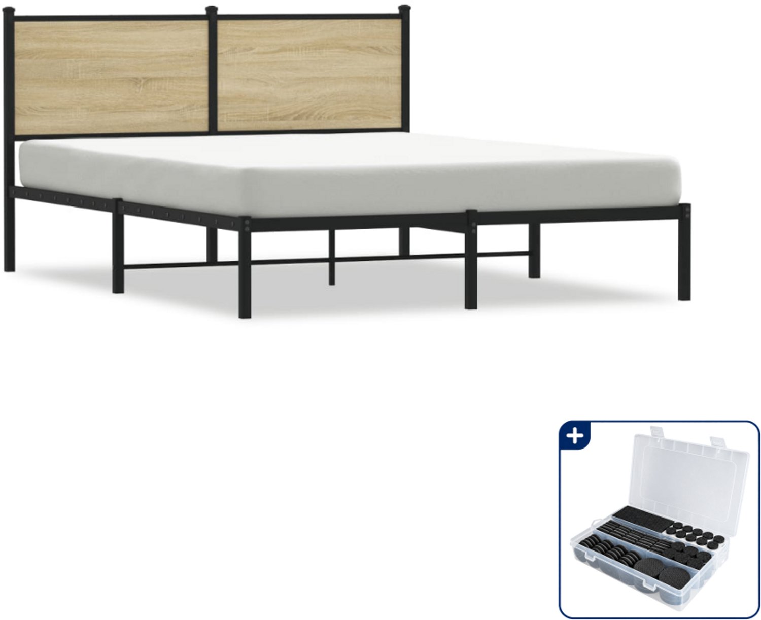 vidaXL Bedframe - 137 x 190 cm - staal en bewerkt hout - sonoma eiken - Inclusief antikrasvilt 177-delig Bruin