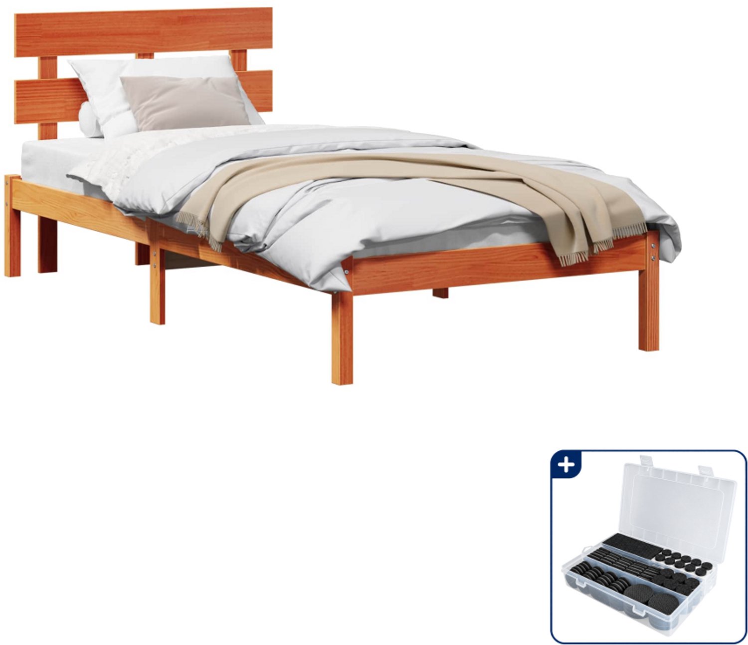 vidaXL bedframe met hoofdeinde - 90 x 200 cm - massief grenenhout - bruin - Inclusief antikrasvilt 177-delig