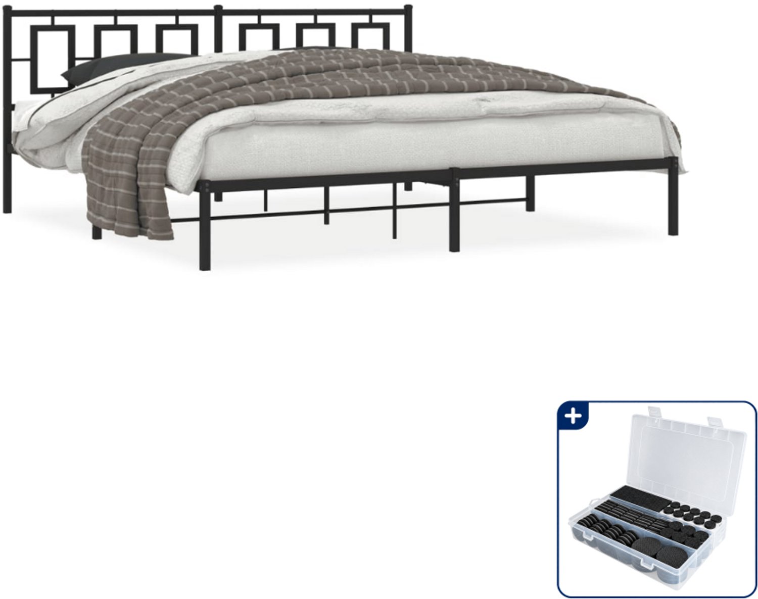 vidaXL bedframe met hoofdbord - 193 x 203 cm - staal - zwart - Inclusief antikrasvilt 177-delig