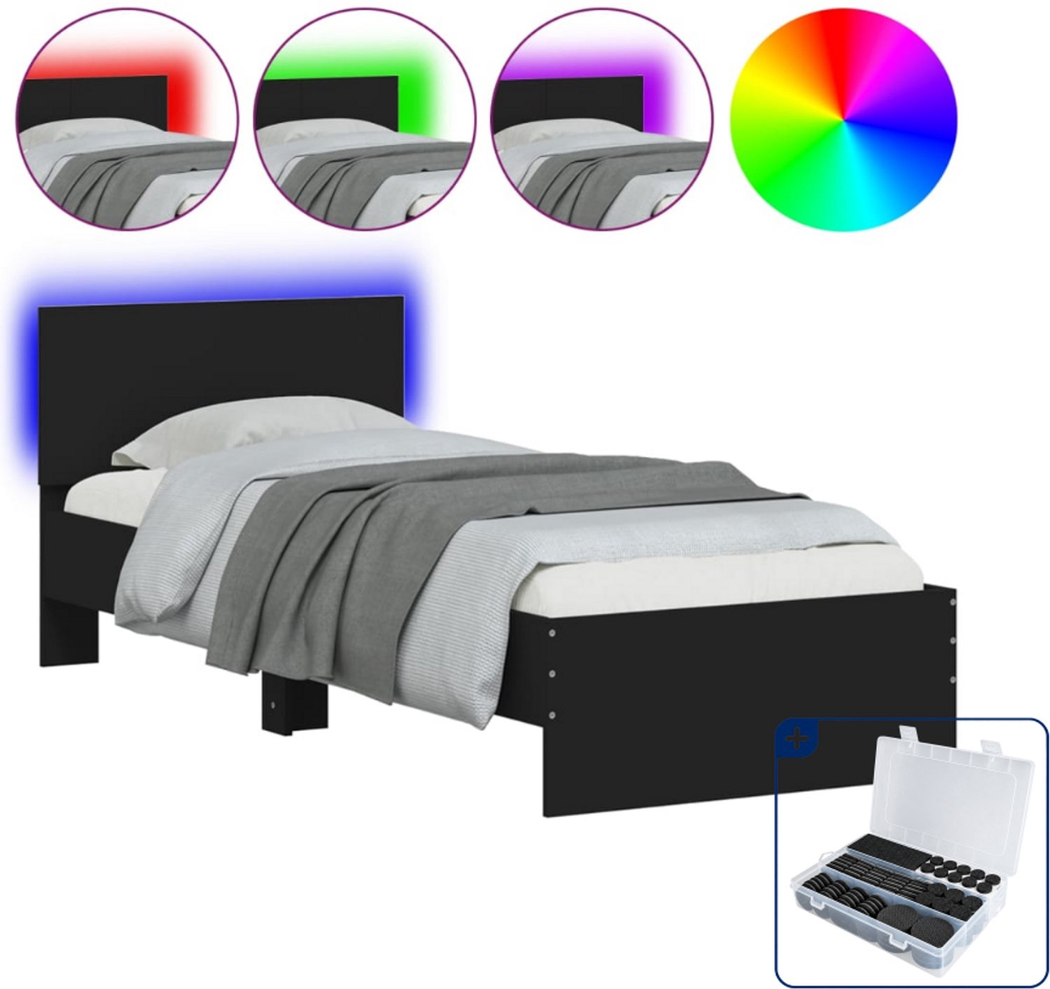 vidaXL bedframe met led - 75 x 190 cm - zwart - Inclusief antikrasvilt 177-delig