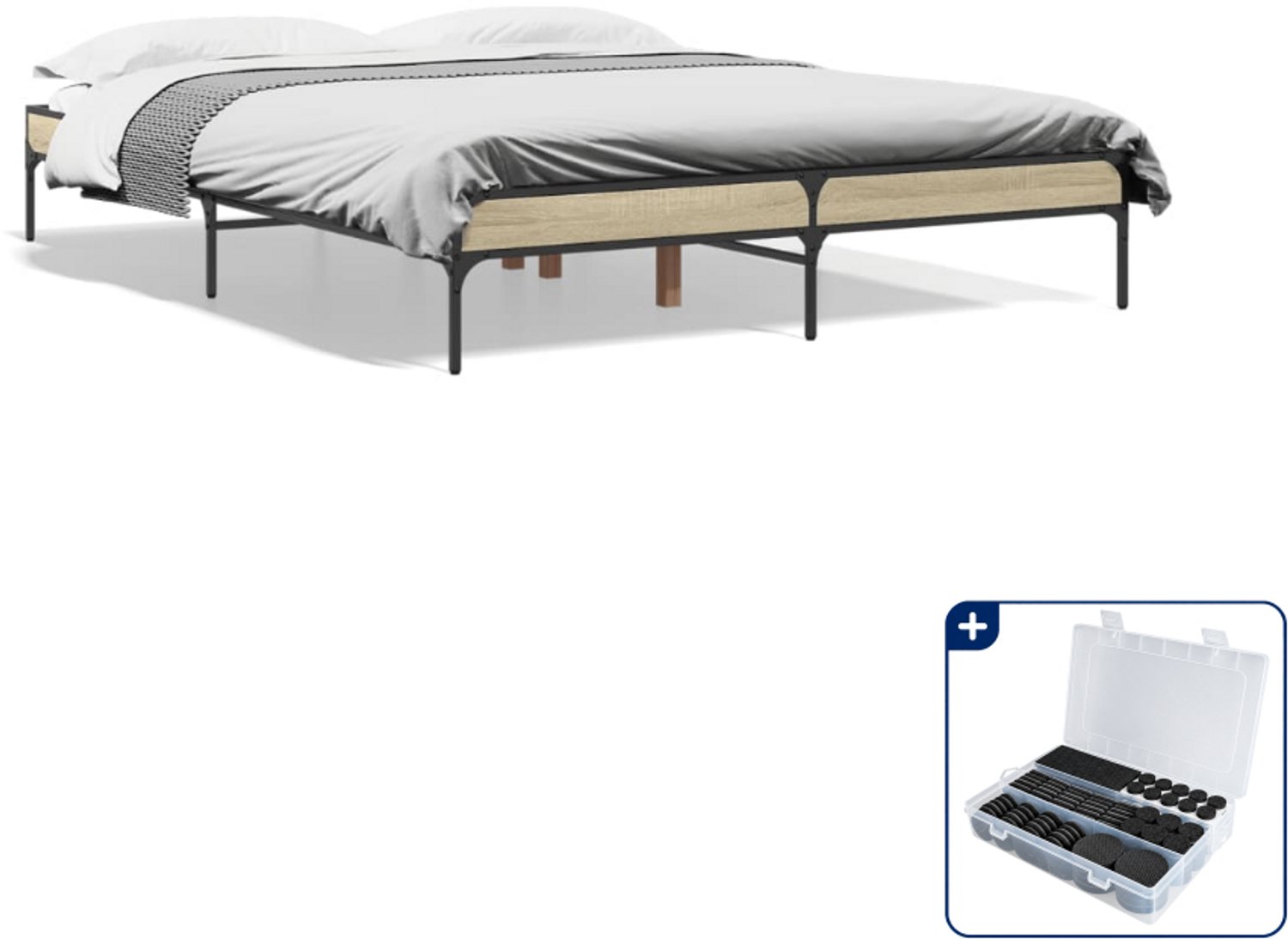 vidaXL Bedframe - 150 x 200 cm - bewerkt hout - sonoma eiken - Inclusief antikrasvilt 177-delig Bruin
