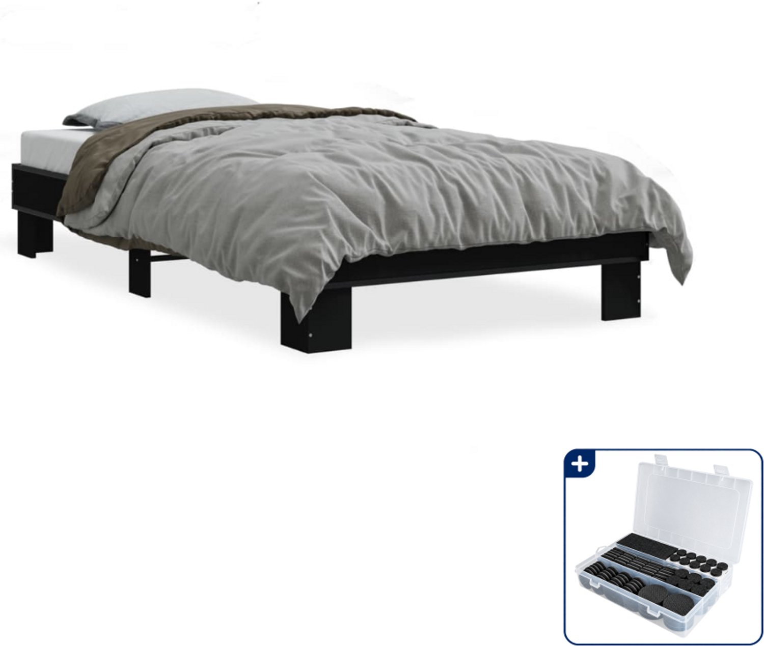 vidaXL bedframe - 75 x 190 cm - bewerkt hout en metaal - zwart - Inclusief antikrasvilt 177-delig