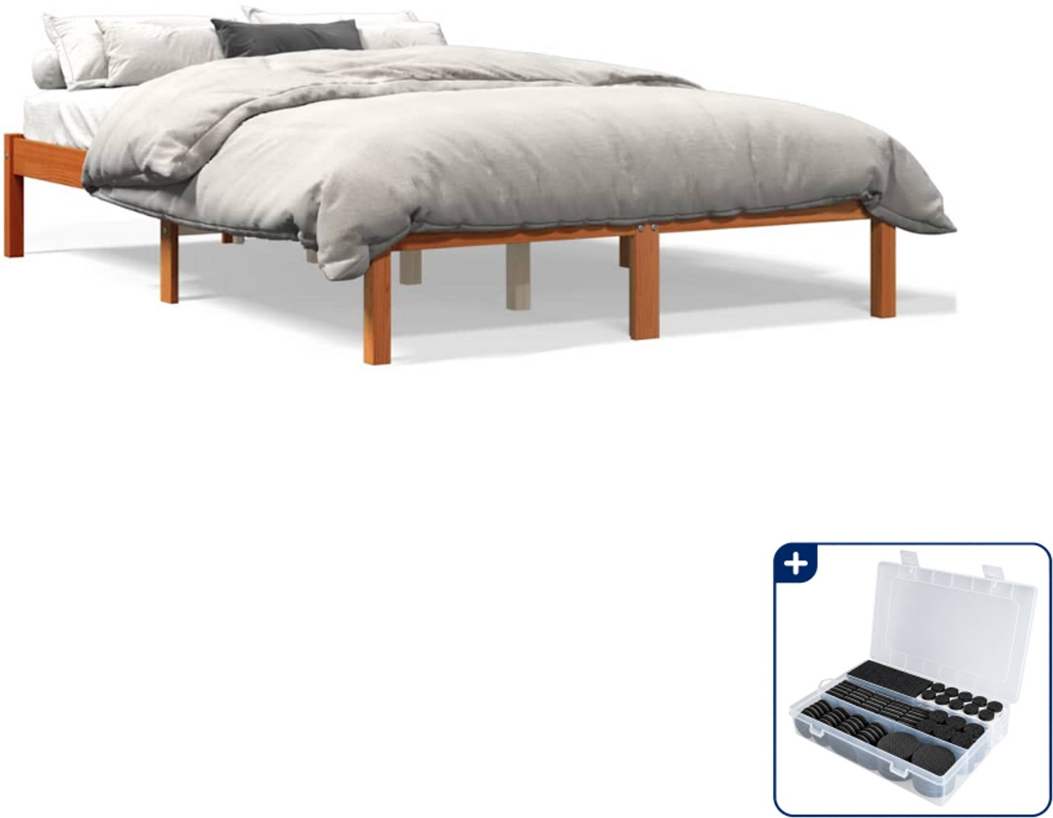 vidaXL Small double bedframe 140 x 200 cm - massief grenenhout - wasbruin - Inclusief antikrasvilt 177-delig