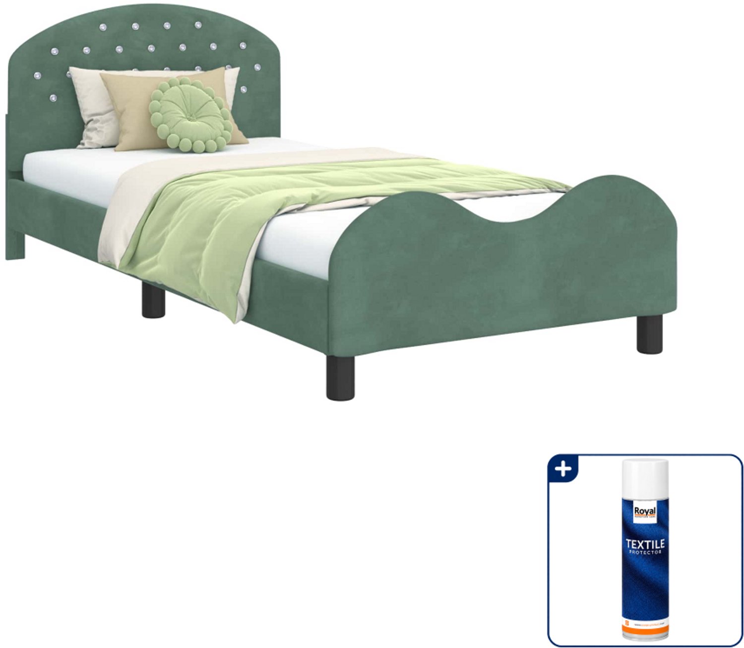 vidaXL kinderbed - 90 x 190 cm - bewerkt hout - zeegroen - Inclusief textielbeschermer 500 ml