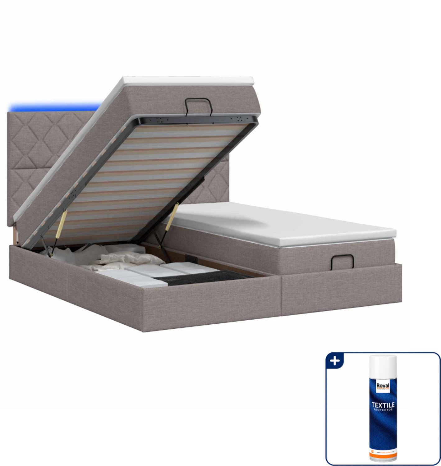 vidaXL Kingsize ottoman bed met matras en LED - 180 x 200 cm - taupe - Inclusief textielbeschermer 500 ml