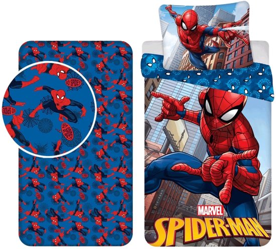 Spider-Man beddengoedset met dekbedovertrek en bijpassend blauw hoeslaken met Spider-Man patroon.
