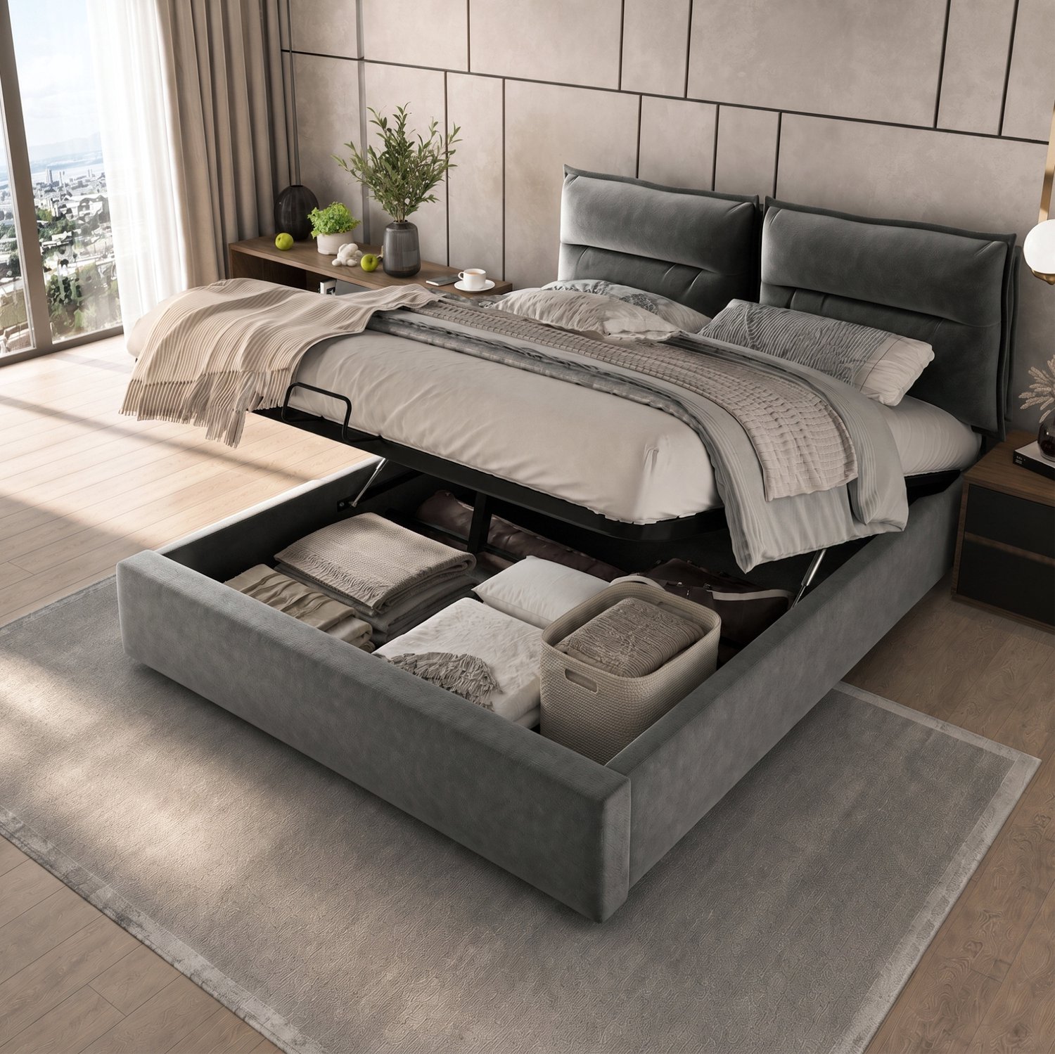 Maisentiel Tweepersoonsbed 140 x 200 cm met opbergruimte en verstelbaar hoofdbord - grijs fluweel