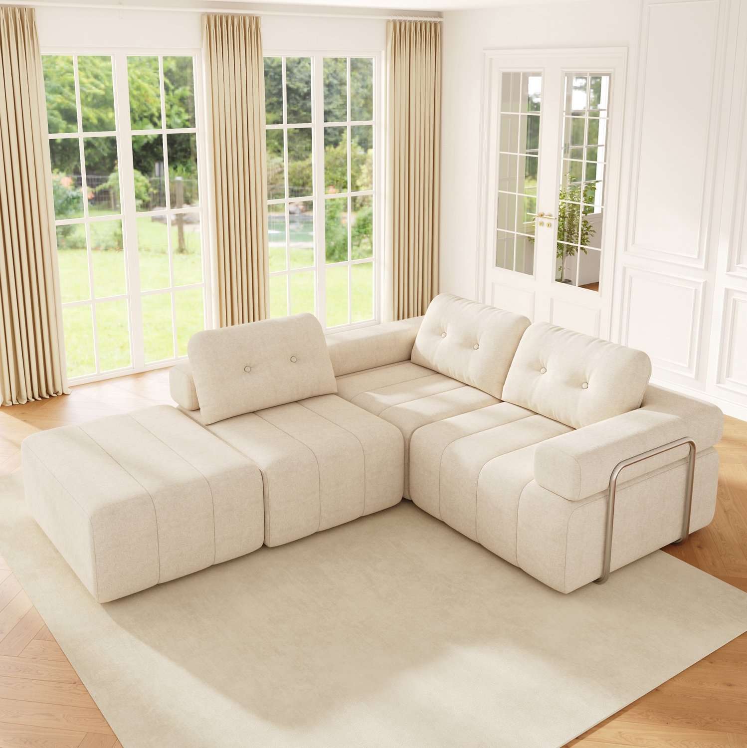OKWISH Hoekbank 258 x 165 x 79 cm - Modulaire 4-Zitsbank met Slaapfunctie en Verplaatsbare Rugkussens - Voor de Woonkamer - Chenille - Beige