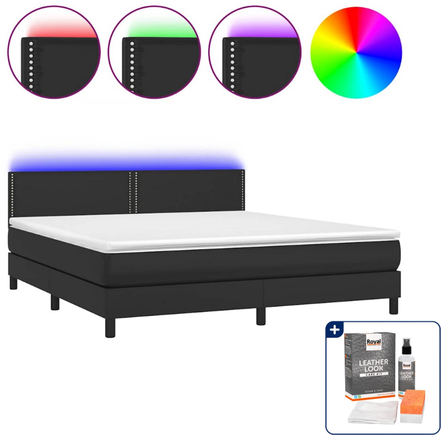 vidaXL Kingsize boxspring met matras en LED - 180 x 200 cm - zwart - Inclusief onderhoudsset voor kunstleer 150 ml