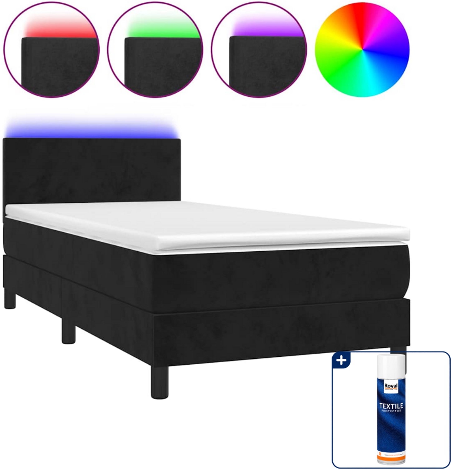 vidaXL Boxspring met matras en LED - 80 x 200 cm - fluweel - zwart - Inclusief textielbeschermer 500 ml