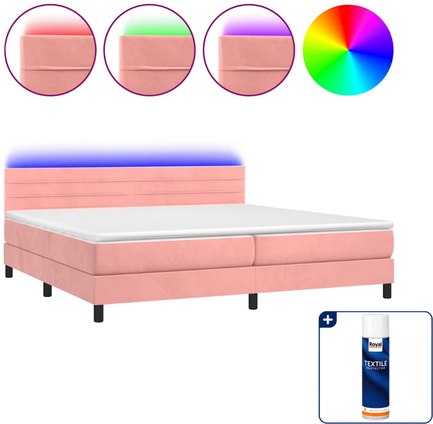 vidaXL Boxspring met matras en LED - 200 x 200 cm - fluweel - roze - Inclusief textielbeschermer 500 ml