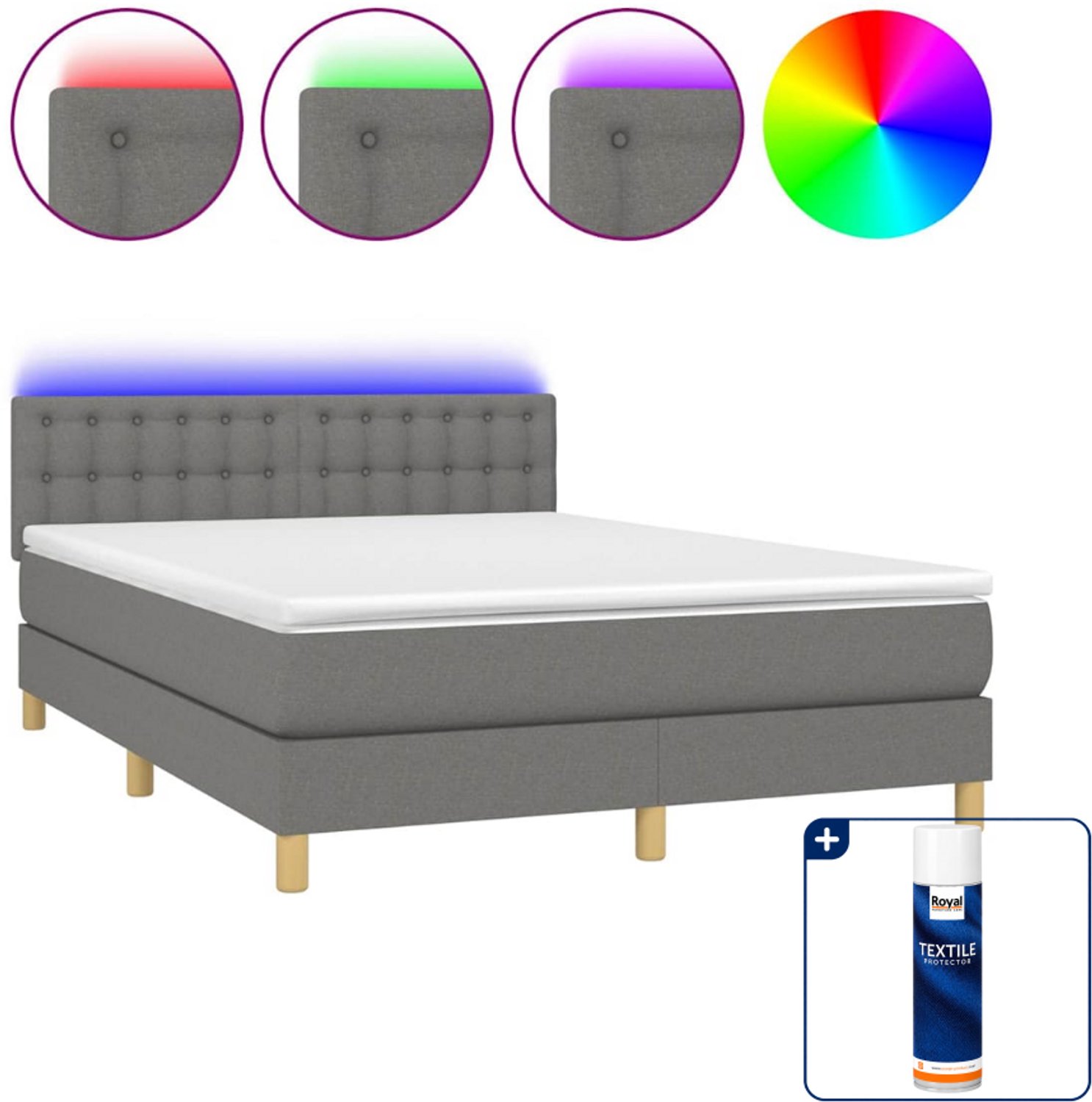 vidaXL boxspring met matras en led - 140 x 190 cm - donkergrijs - Inclusief textielbeschermer 500 ml