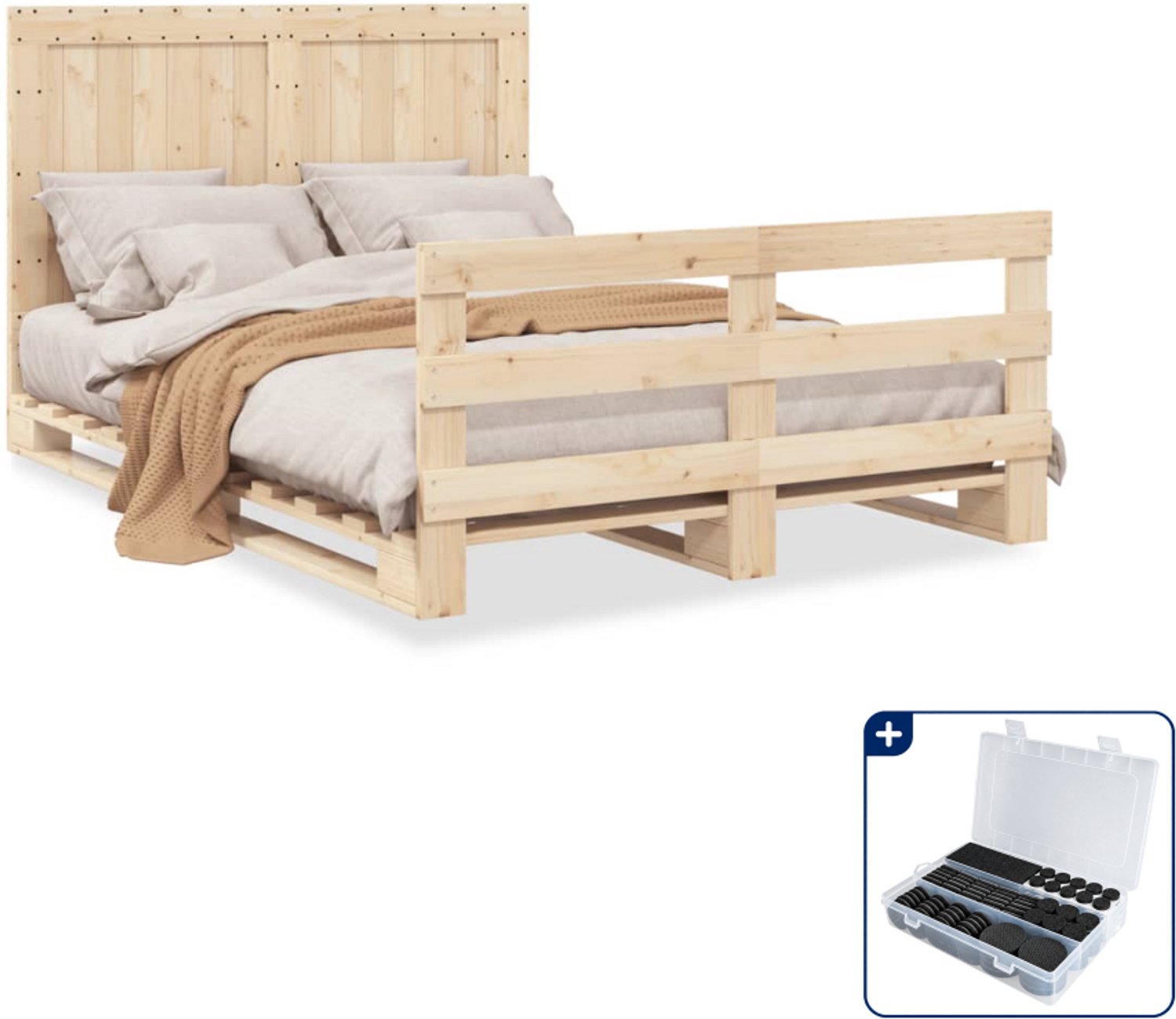 vidaXL bedframe met hoofdbord - Small double - 140 x 200 cm - wit - Inclusief antikrasvilt 177-delig Bruin