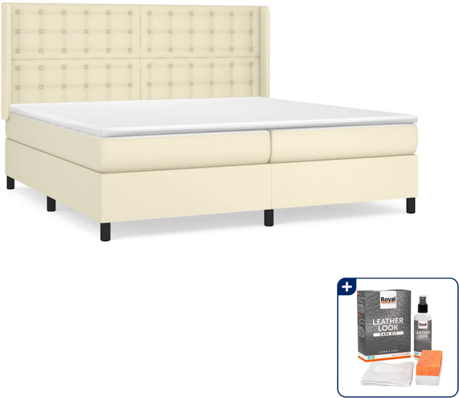 vidaXL boxspring - Super kingsize - 200 x 200 cm - kunstleer - crème - Inclusief onderhoudsset voor kunstleer 150 ml